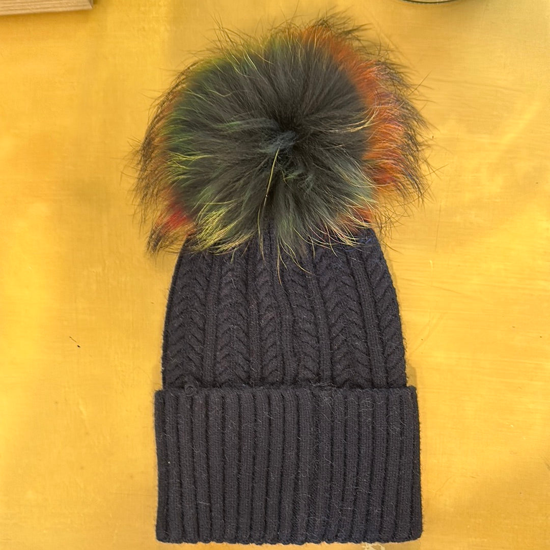 Cashmere and Silk Hat with Fox Fur Pom
