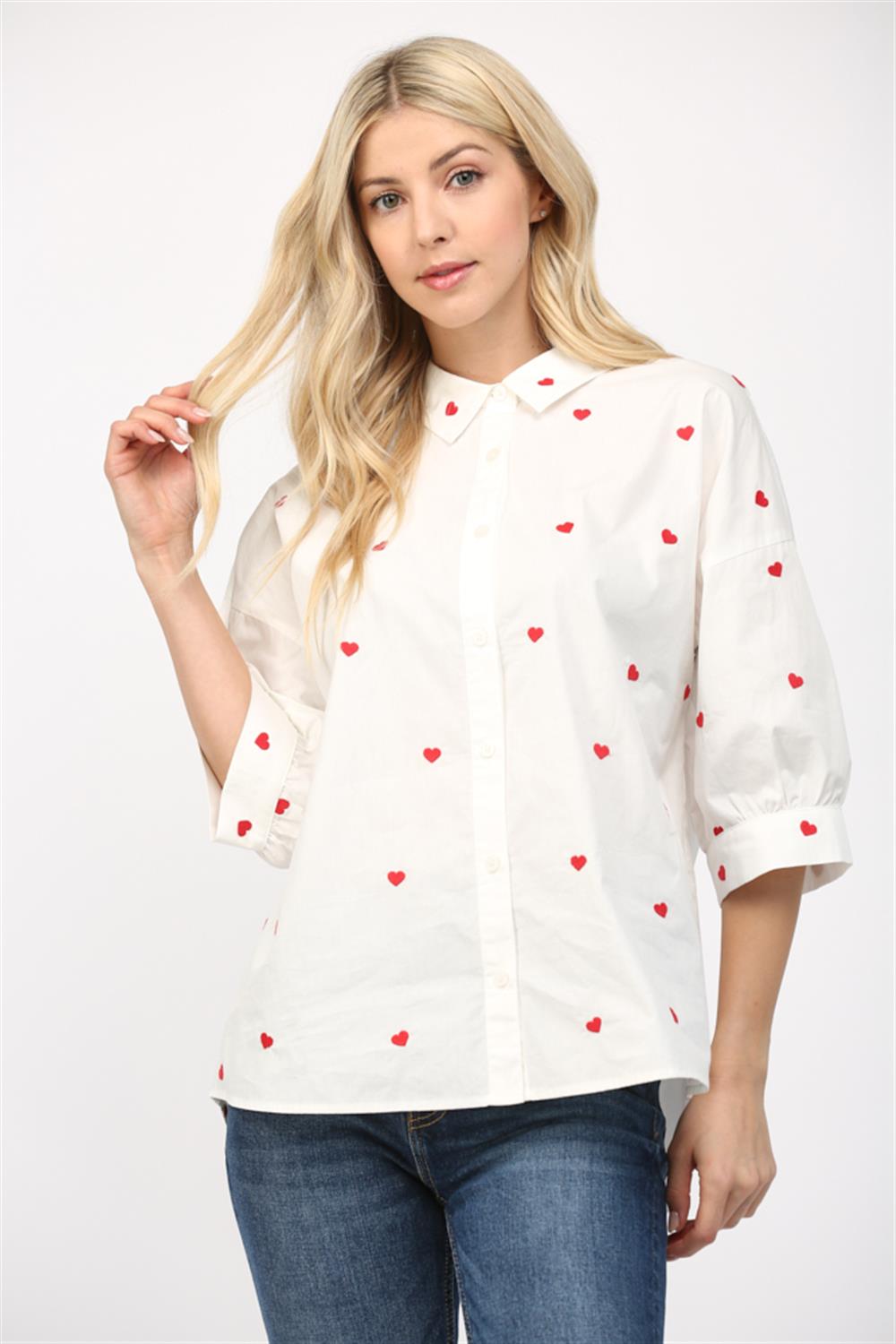 White Blouse with red hearts