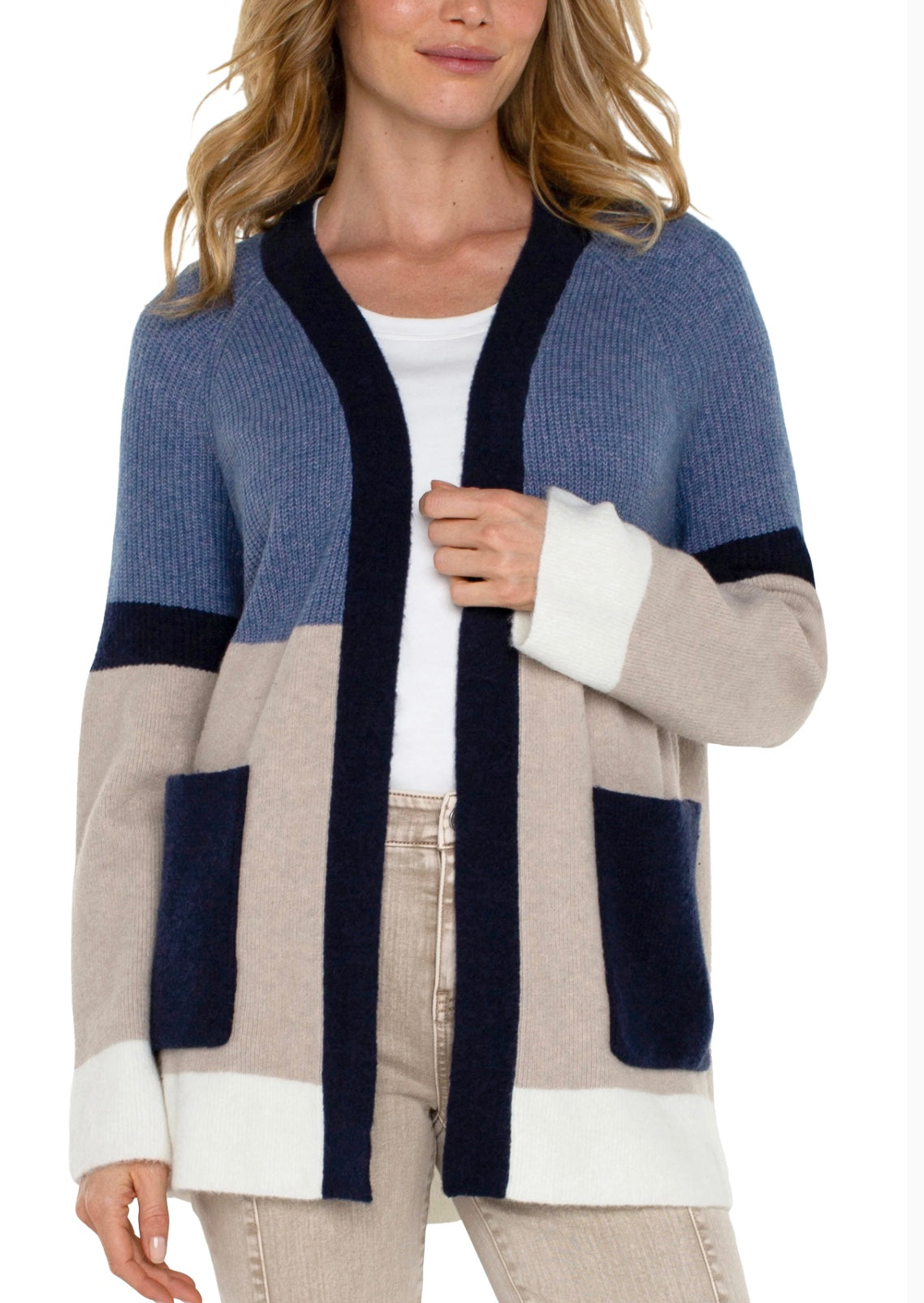 Open front color block sweater