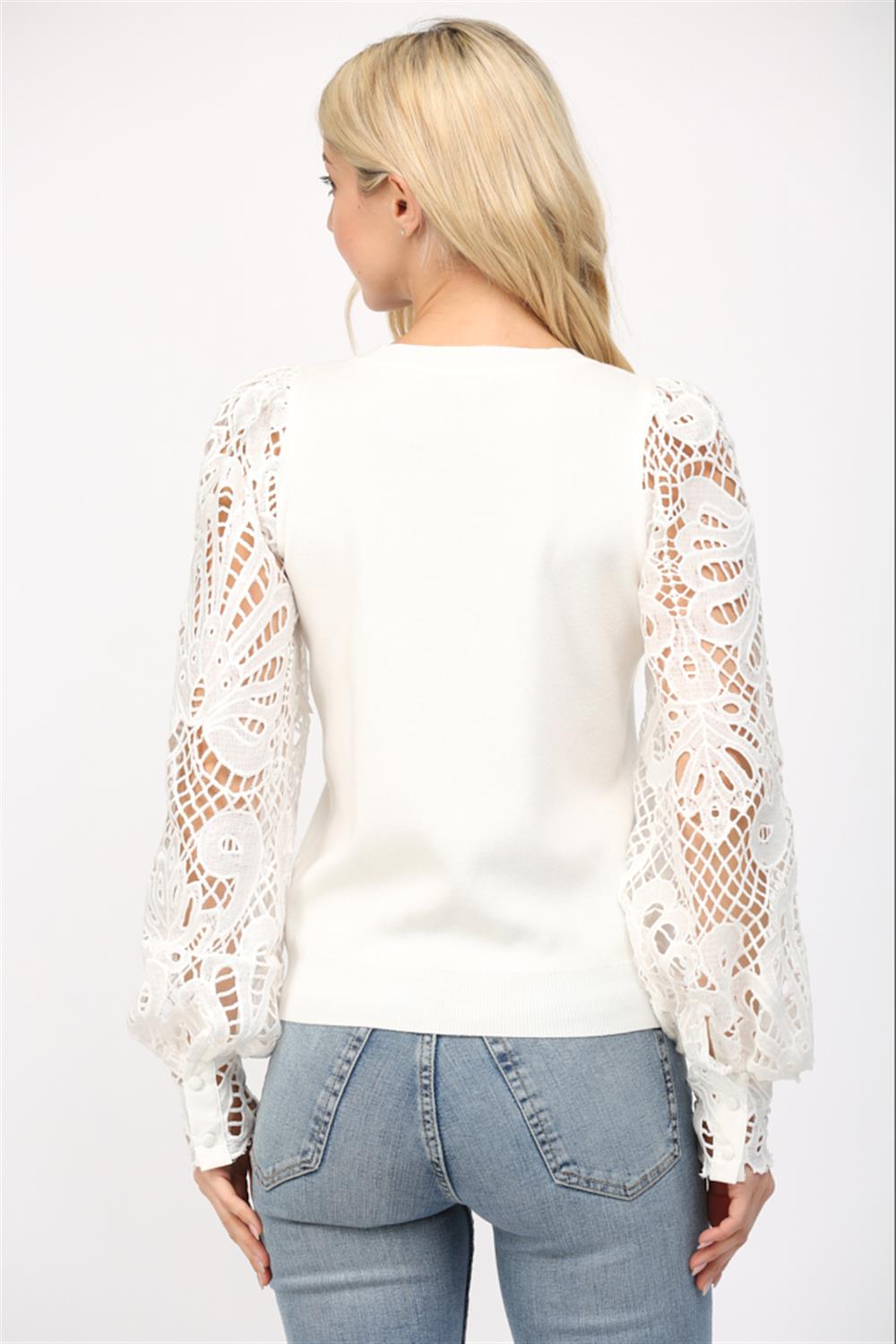 White Sweater with Broderie Sleeve