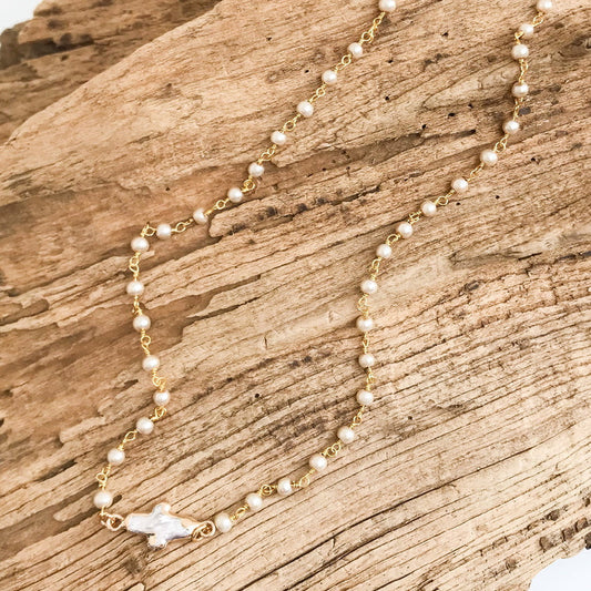 Pearl Bezel Cross on Rosary Necklace