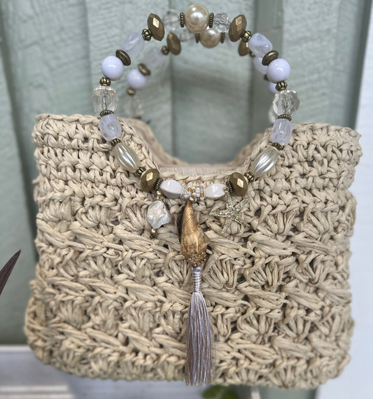 Straw Bag with Shell and Bead Handle