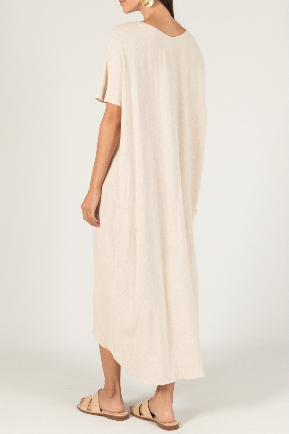 Linen Cotton Blend V-Neck Midi Dress