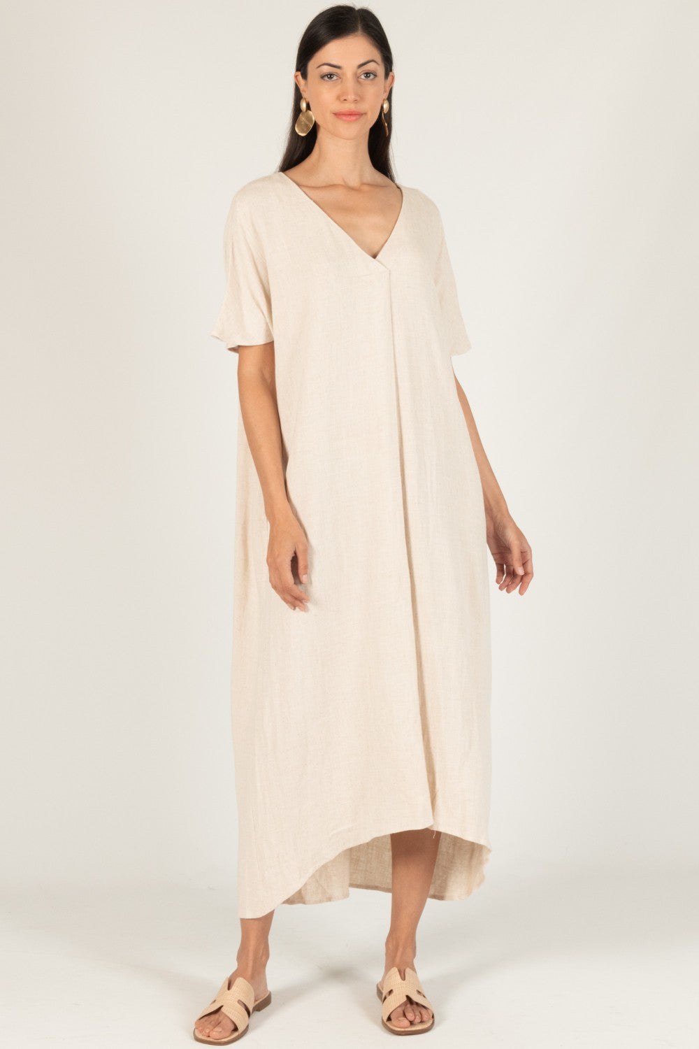 Linen Cotton Blend V-Neck Midi Dress