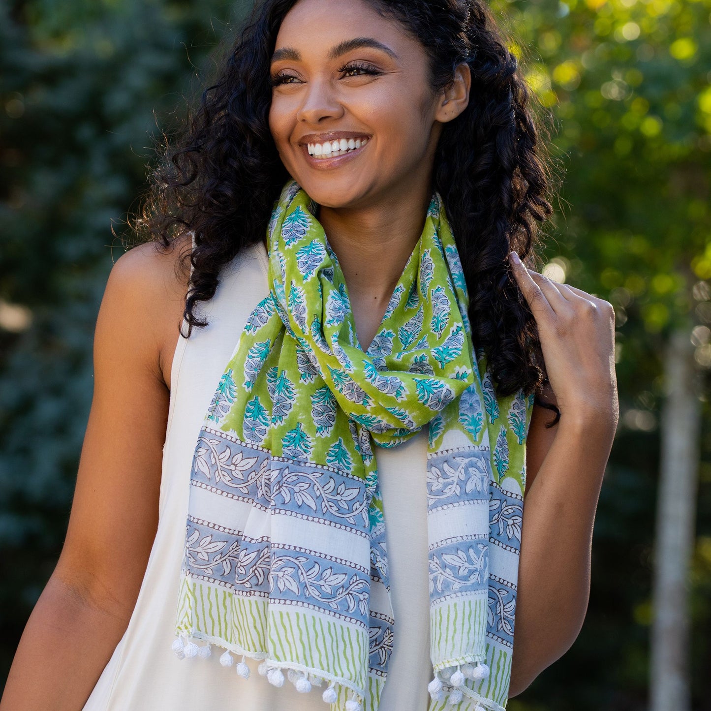 Block Printed Cotton Scarf – Chartreuse Floral Print