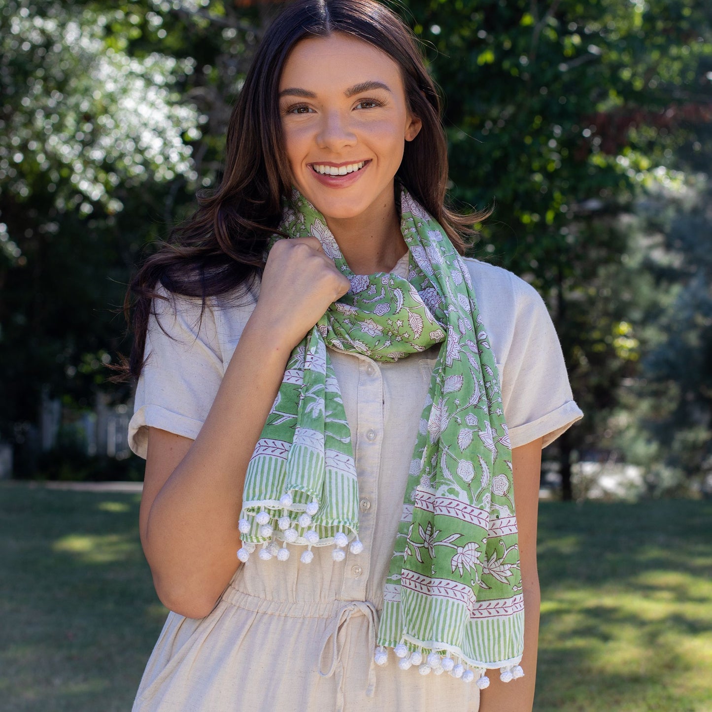 Block Printed Cotton Scarf – Spring Green with Lotus Flowers