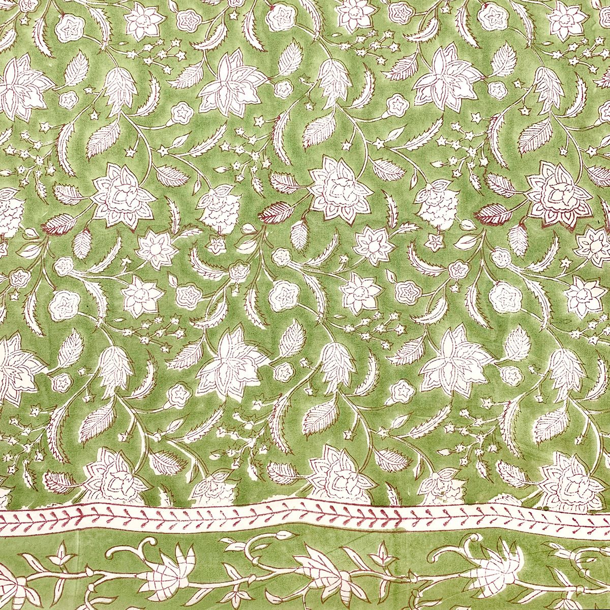 Block Printed Cotton Scarf – Spring Green with Lotus Flowers