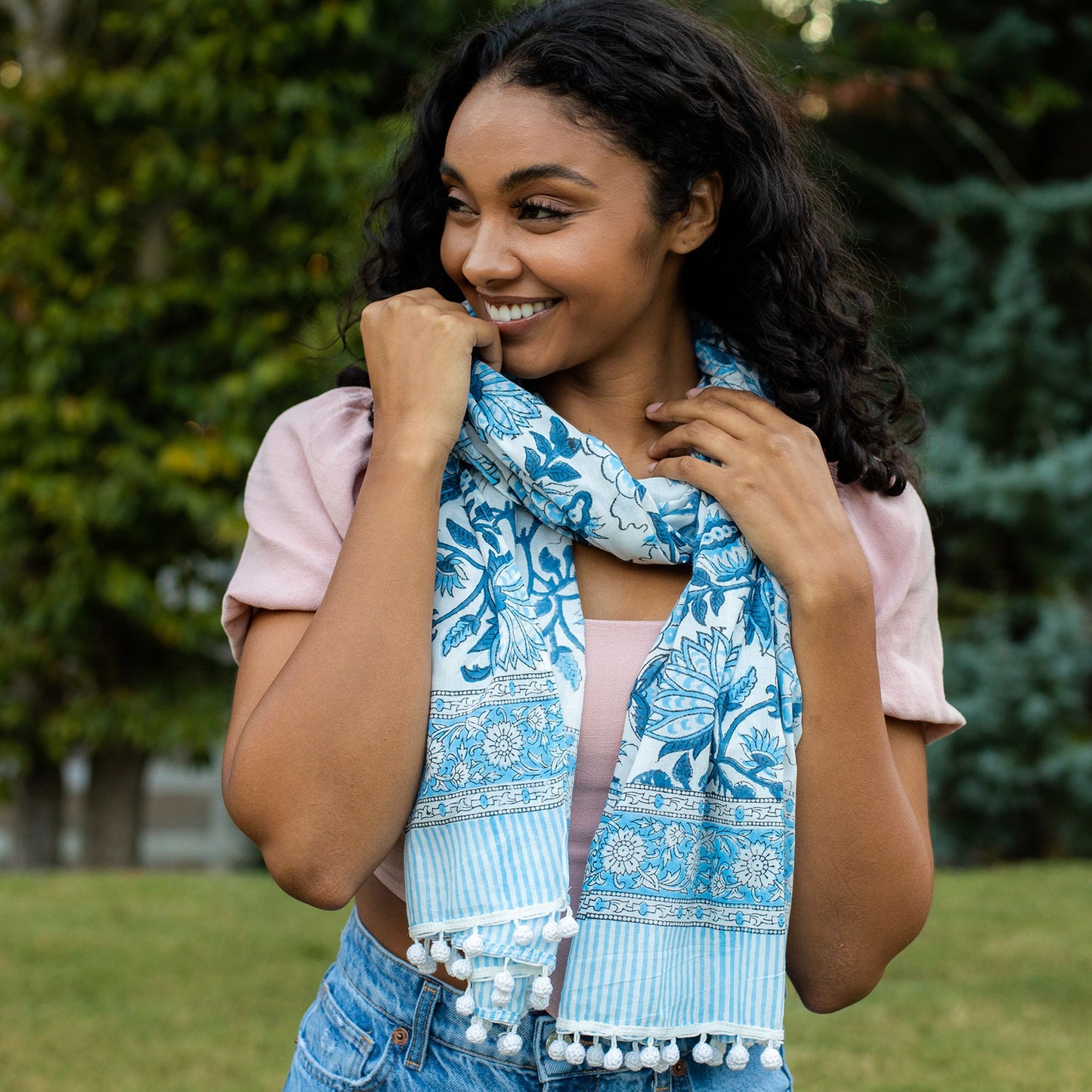 Block Printed Cotton Scarf – Blue and White Large Floral