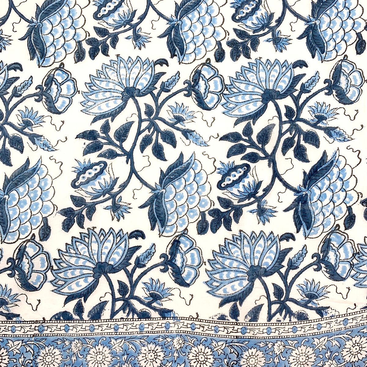 Block Printed Cotton Scarf – Blue and White Large Floral