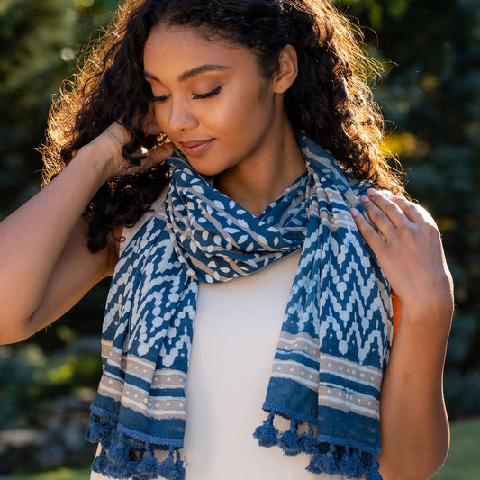 Block Printed Cotton Scarf – Navy and Taupe Leafy Stripes