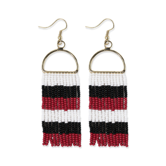 RED and BLACK STRIPE BEADED FRINGE EARRINGS