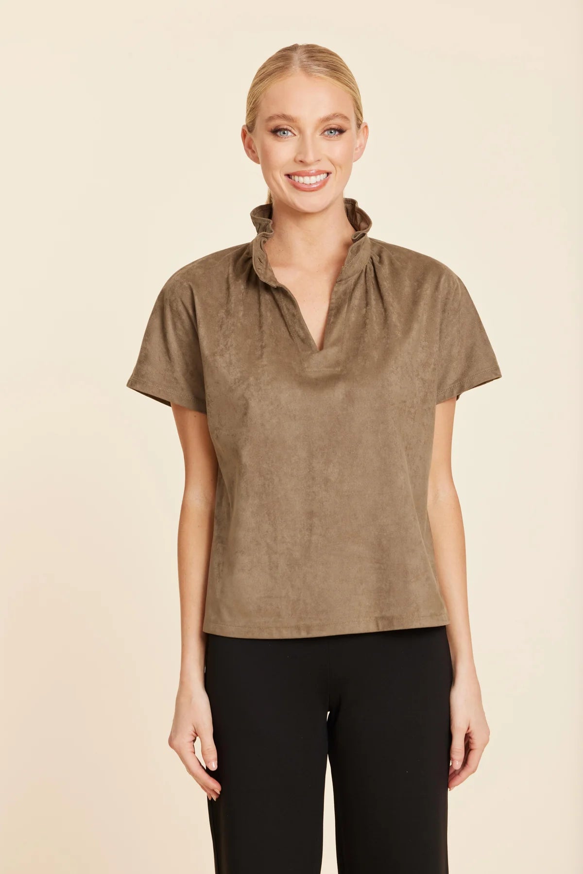 Faux Suede Ruffle Collar V-Neck Top