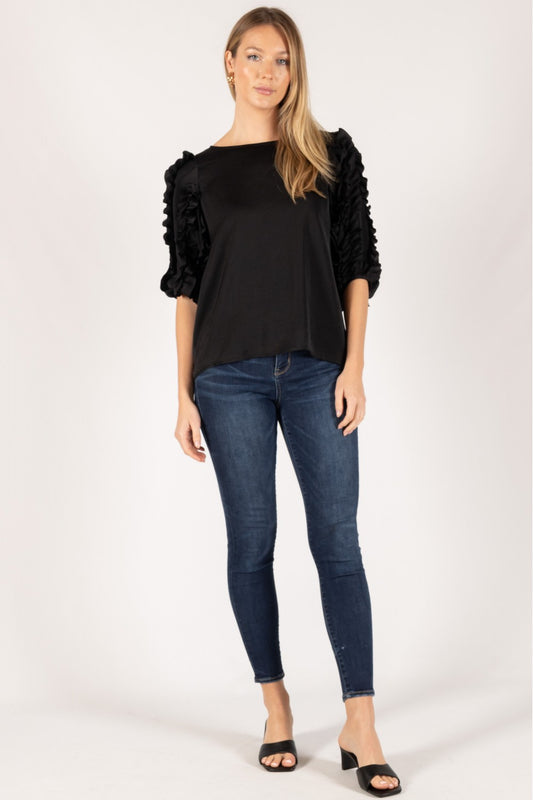 Silky Satin Ruffled Trim 3/4 Sleeve Top