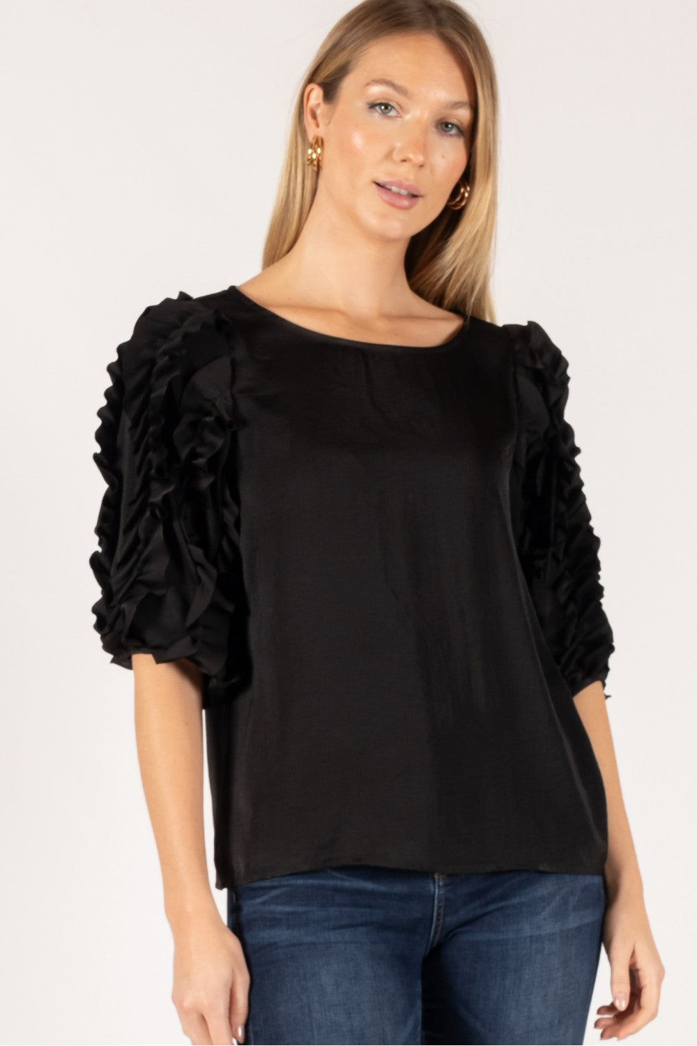 Silky Satin Ruffled Trim 3/4 Sleeve Top