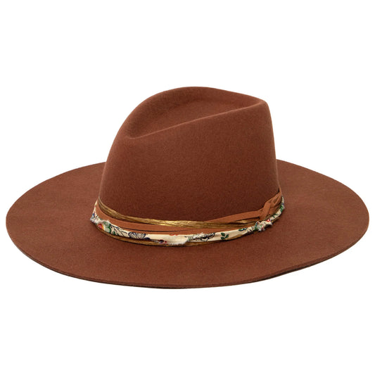 Farrah - Wool Felt Stiff Brim Fedora with Layered Bands - Rust