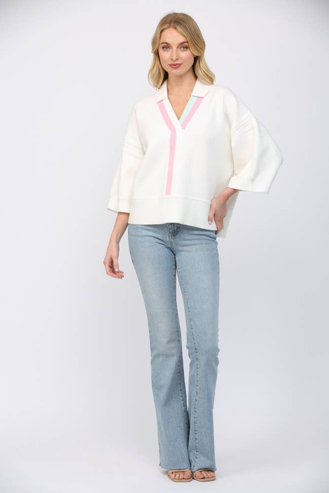 Striped V Neckline 3/4 Sleeve Sweater