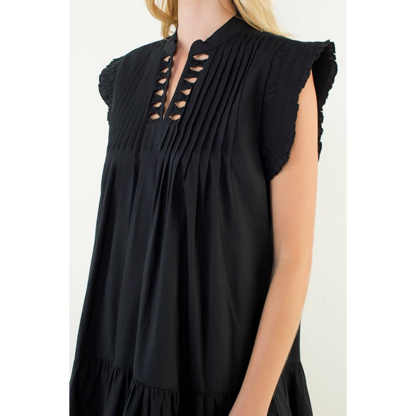 Pleated Split Neck Bow Detail Dress