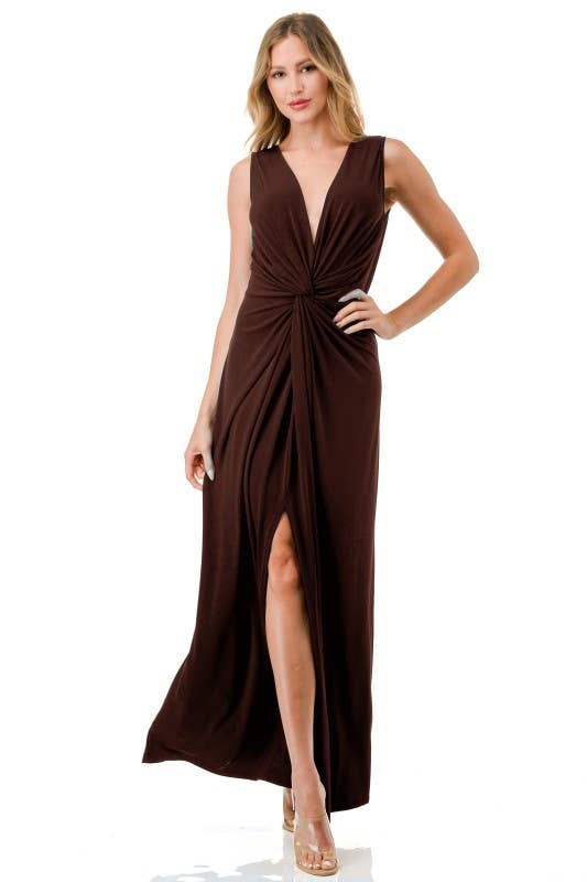 Plunging Neckline Twisted Front Maxi Dress