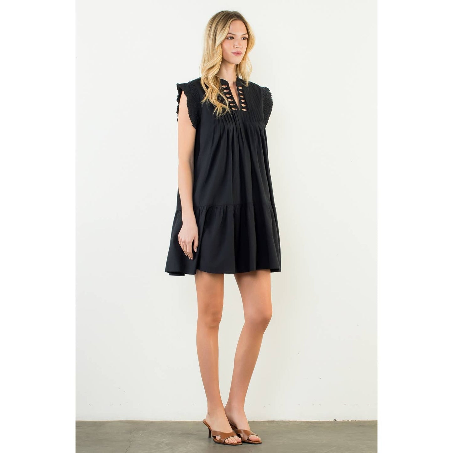 Pleated Split Neck Bow Detail Dress