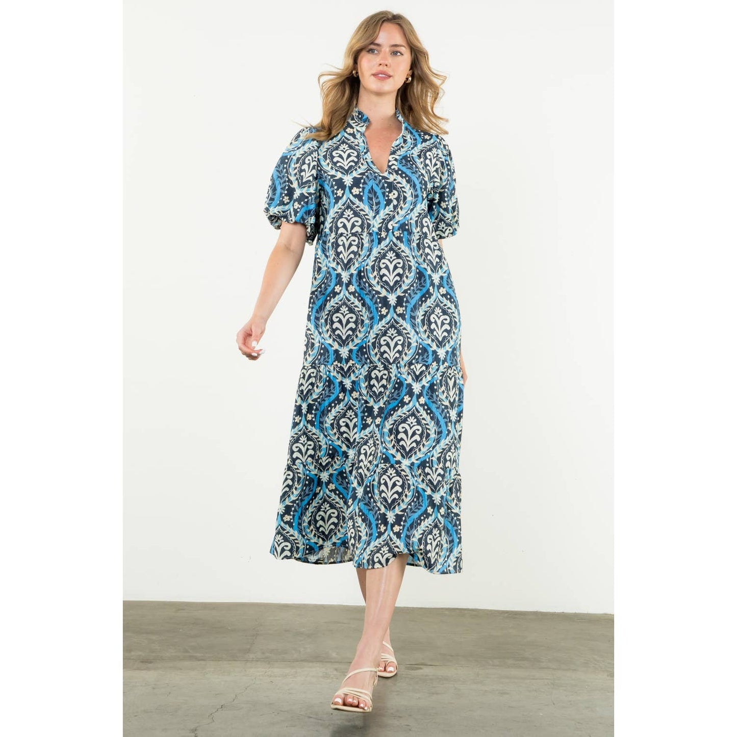 Puff Sleeve Tiered Print Dress