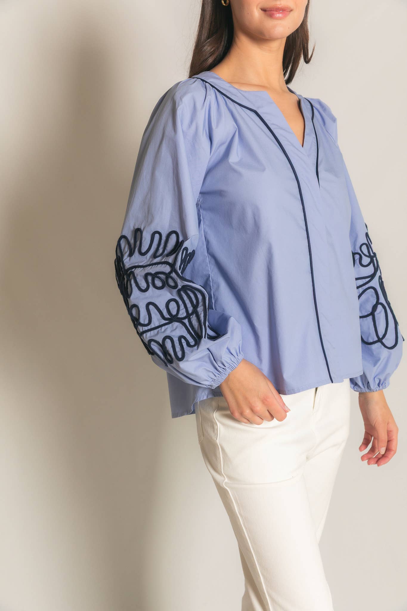 Soutache Embroidered Blouse: Lt. Blue/ Navy / L