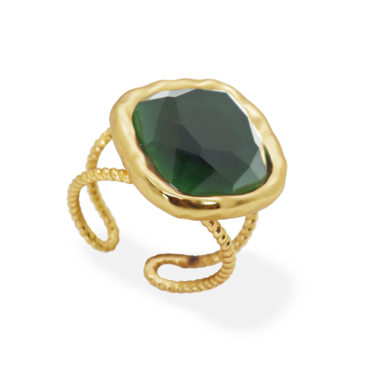 Bezel Iridescent Emerald Glass Ring