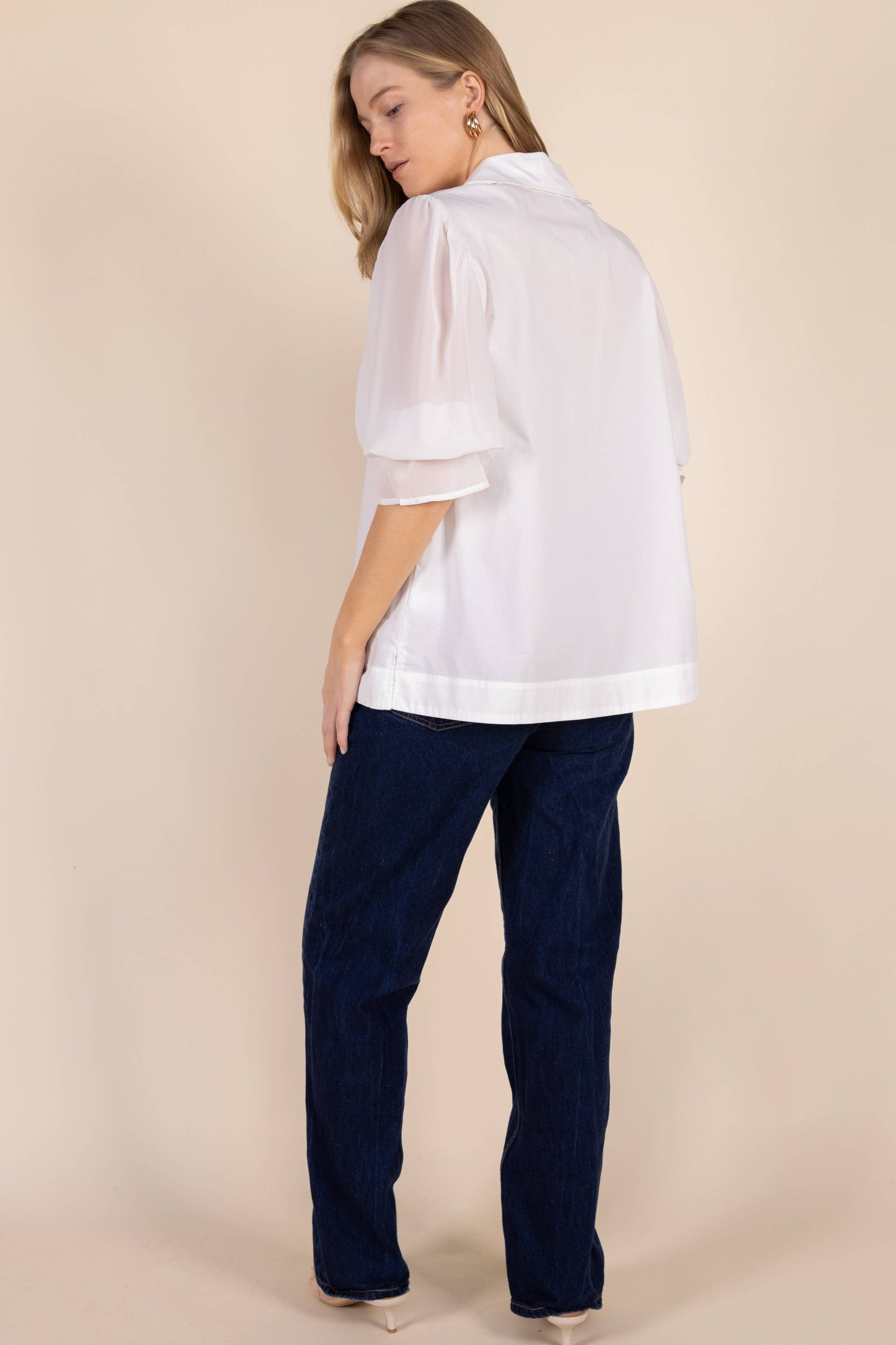 Poplin Button Up Shirt with Chiffon Sleeve