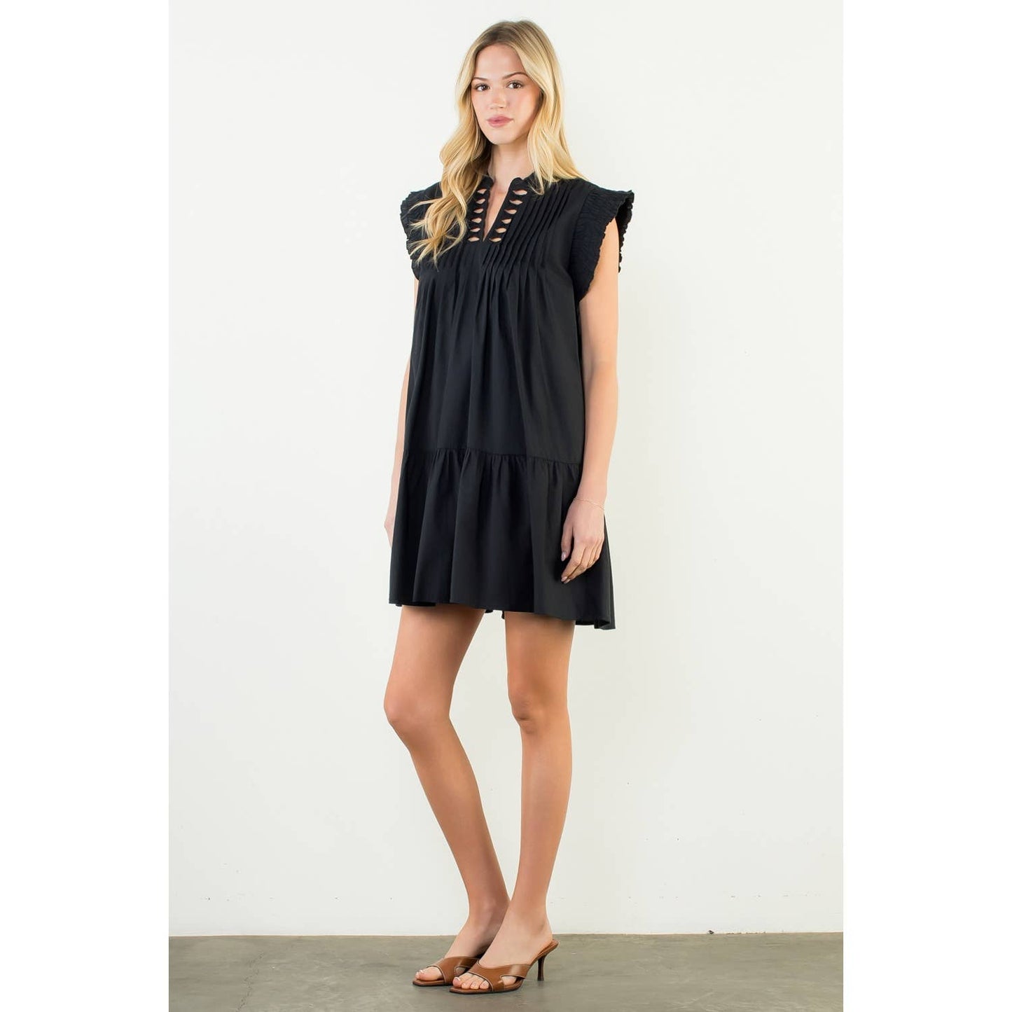 Pleated Split Neck Bow Detail Dress