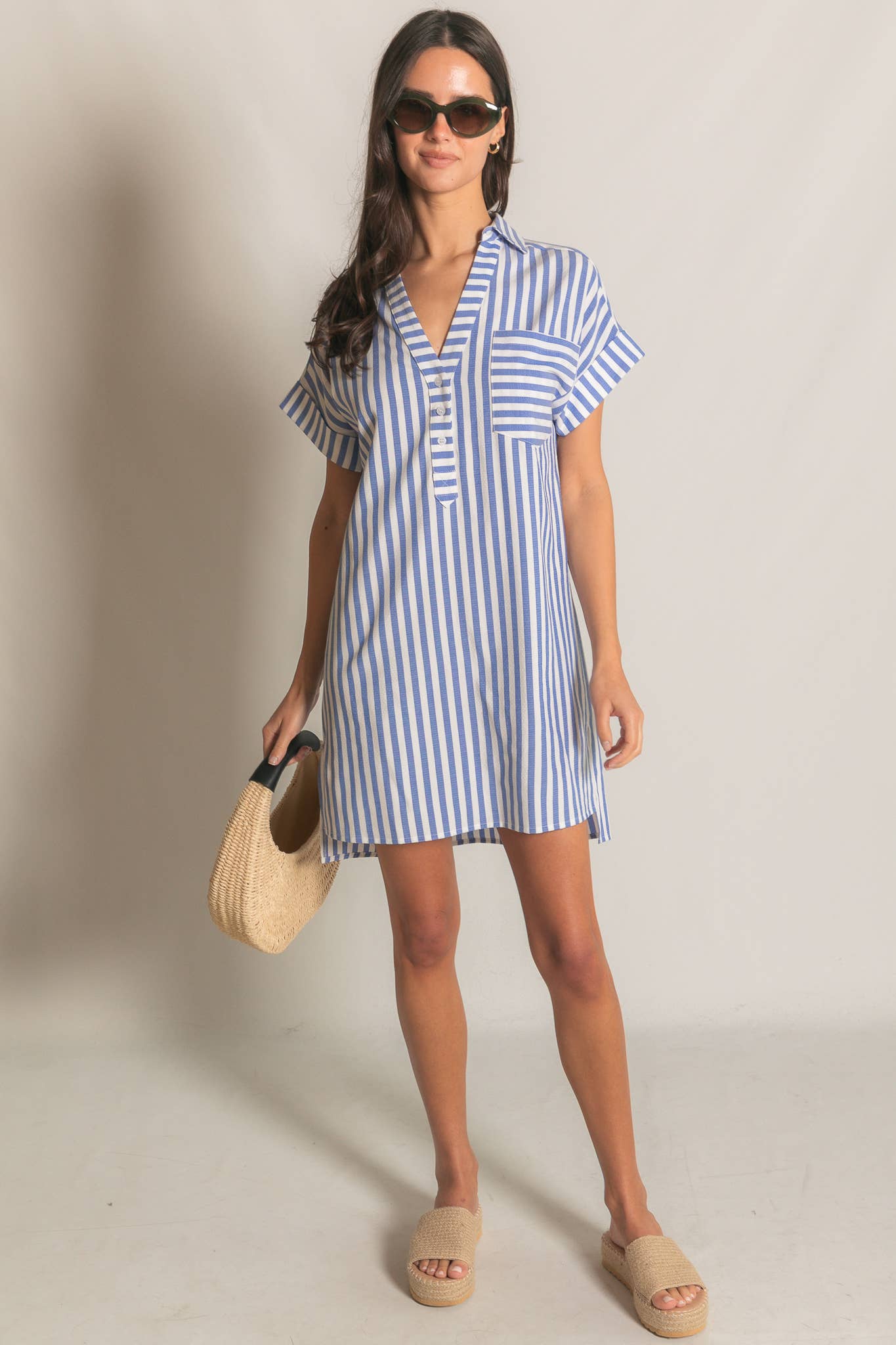Stripe Short Sleeve Shirt Mini Dress