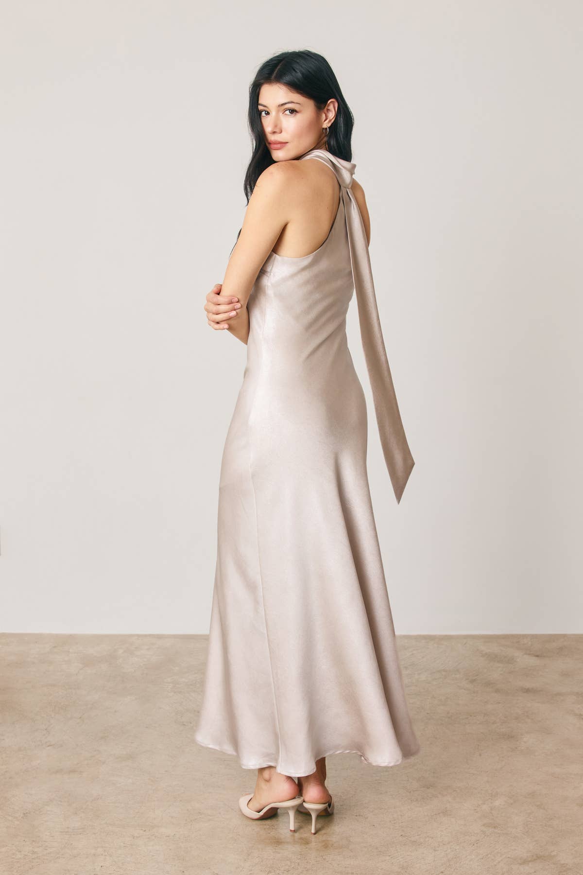 Metallic Foil Halter Neck Midi Dress: