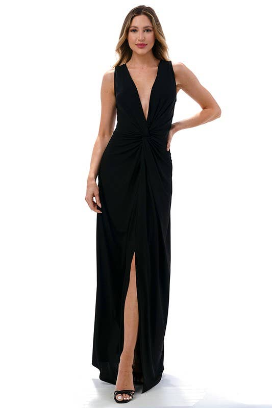 Plunging Neckline Twisted Front Maxi Dress