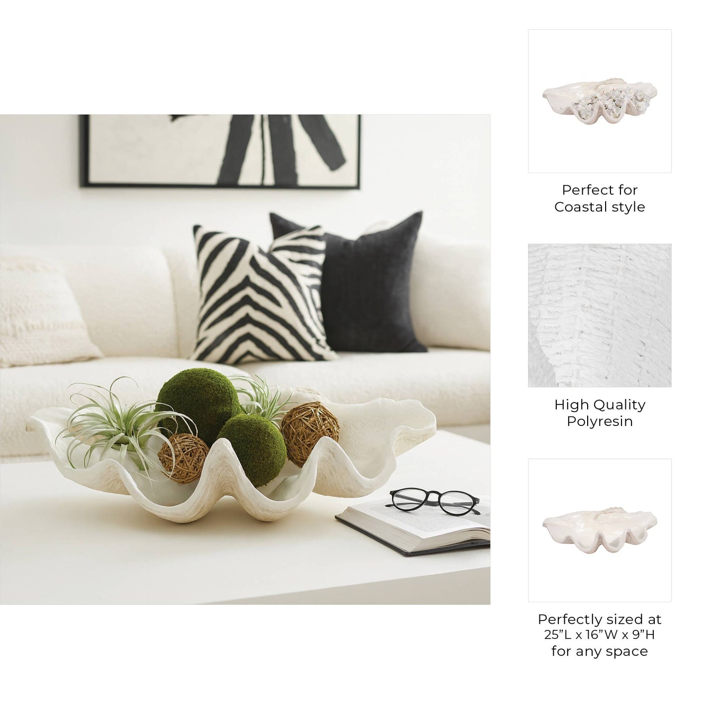 Bowl - Ivory Polyresin Pearlized Clam Shell, 25 in.