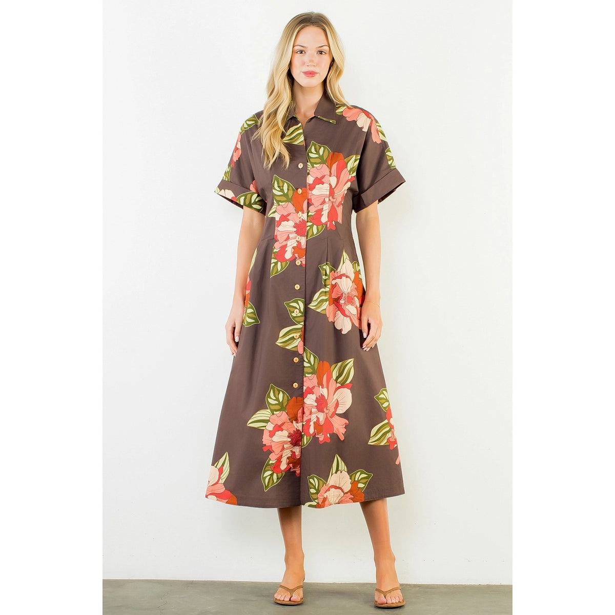 Brown Flower Button Front Dress