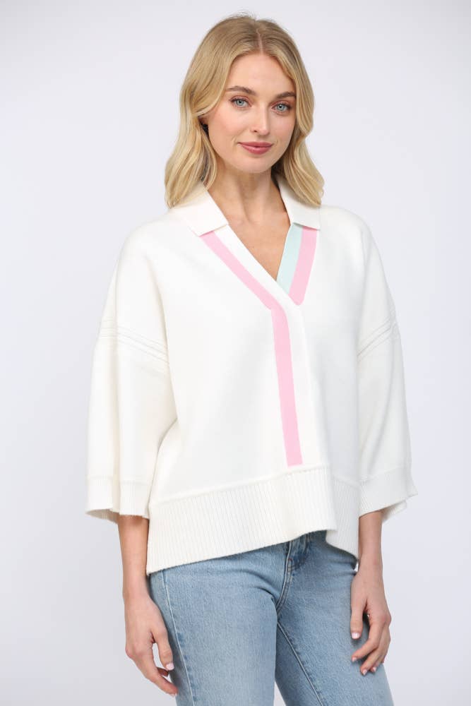 Striped V Neckline 3/4 Sleeve Sweater