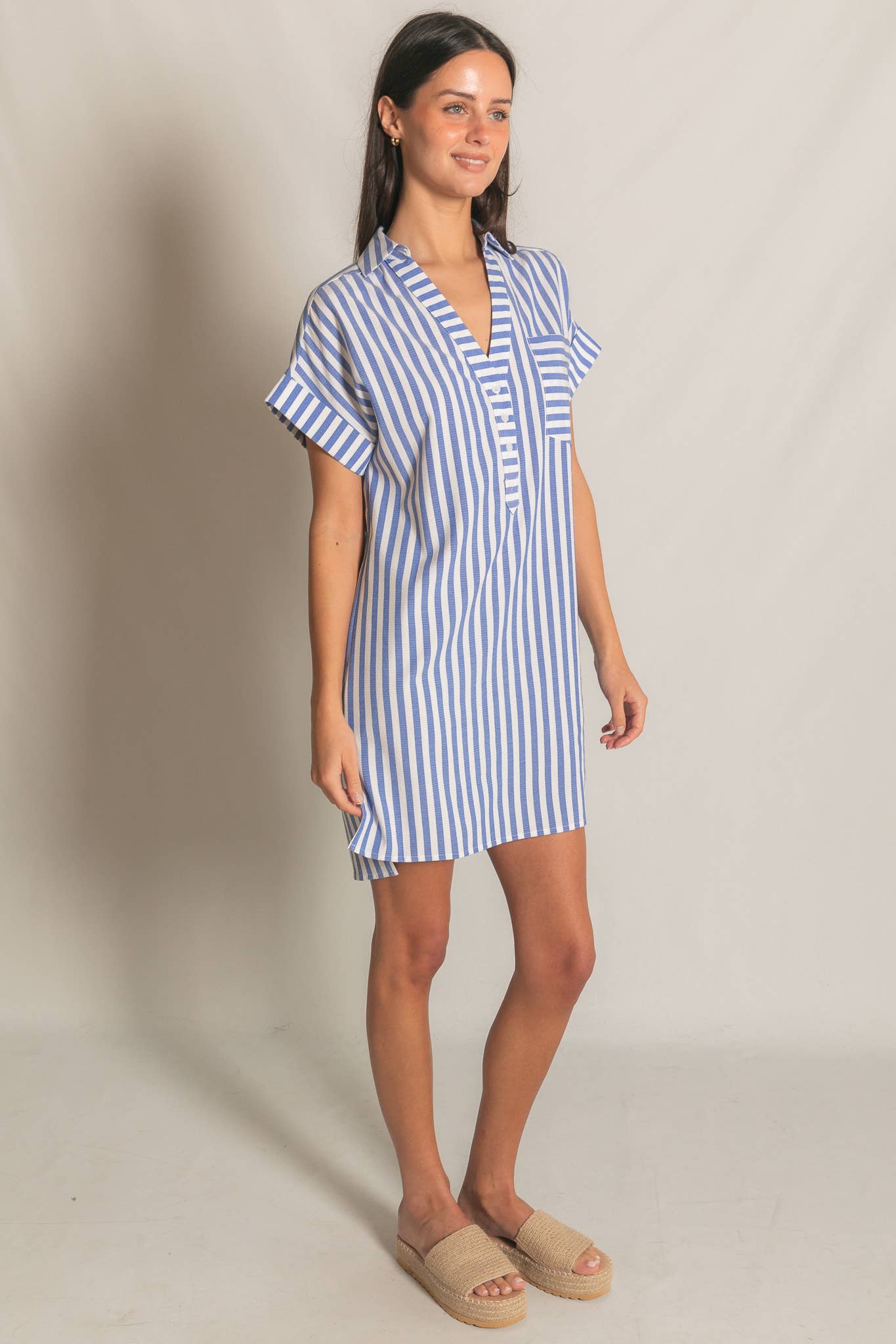 Stripe Short Sleeve Shirt Mini Dress