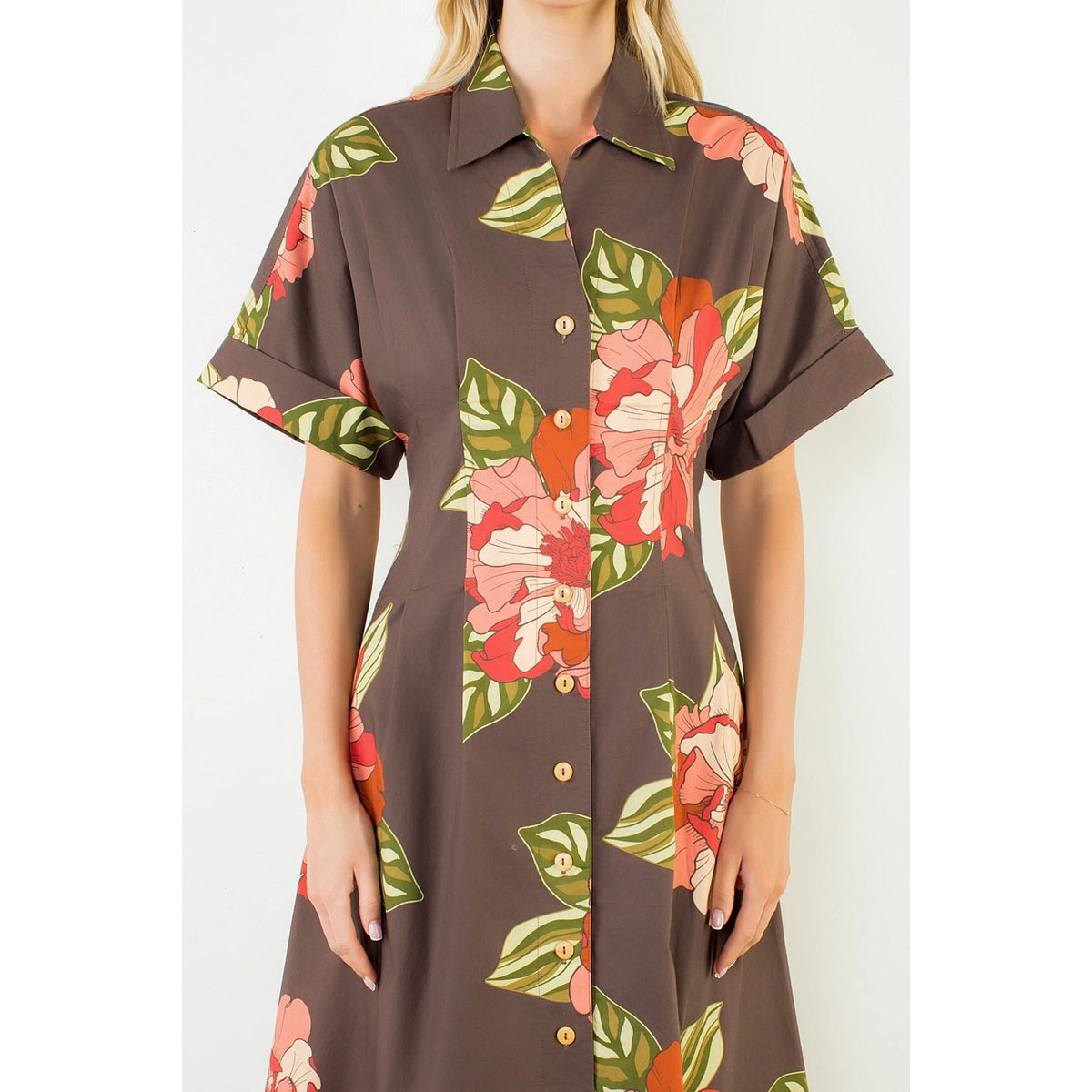 Brown Flower Button Front Dress