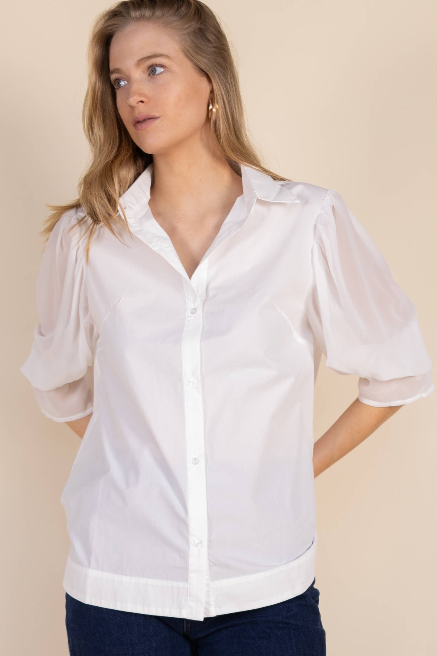 Poplin Button Up Shirt with Chiffon Sleeve