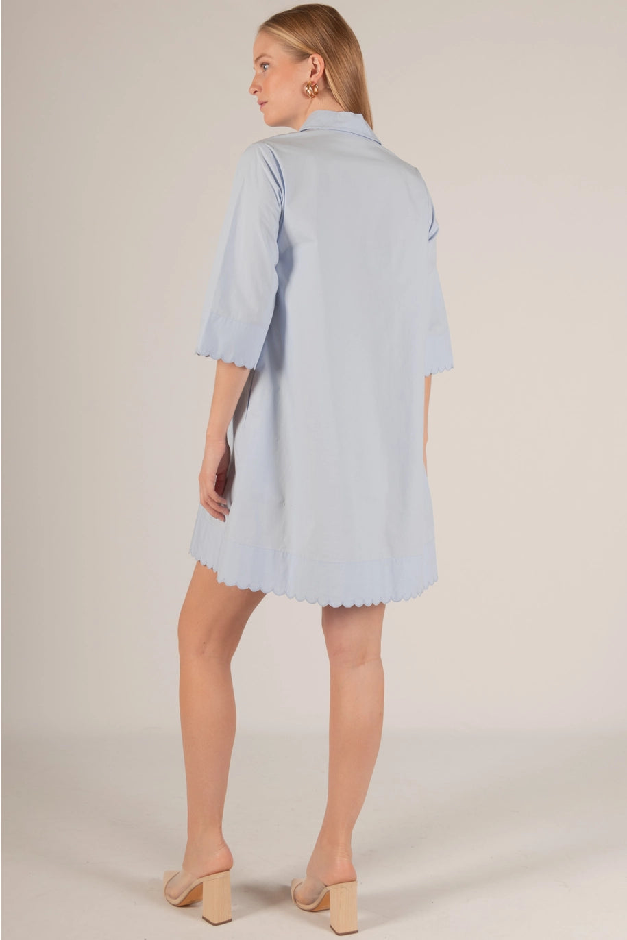 Blue Poplin Scalloped Dress