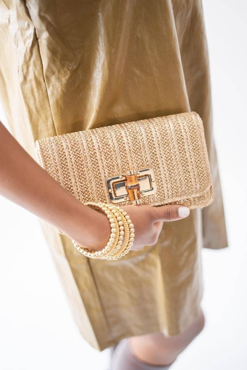 Gold Straw Clutch Bamboo Toggle