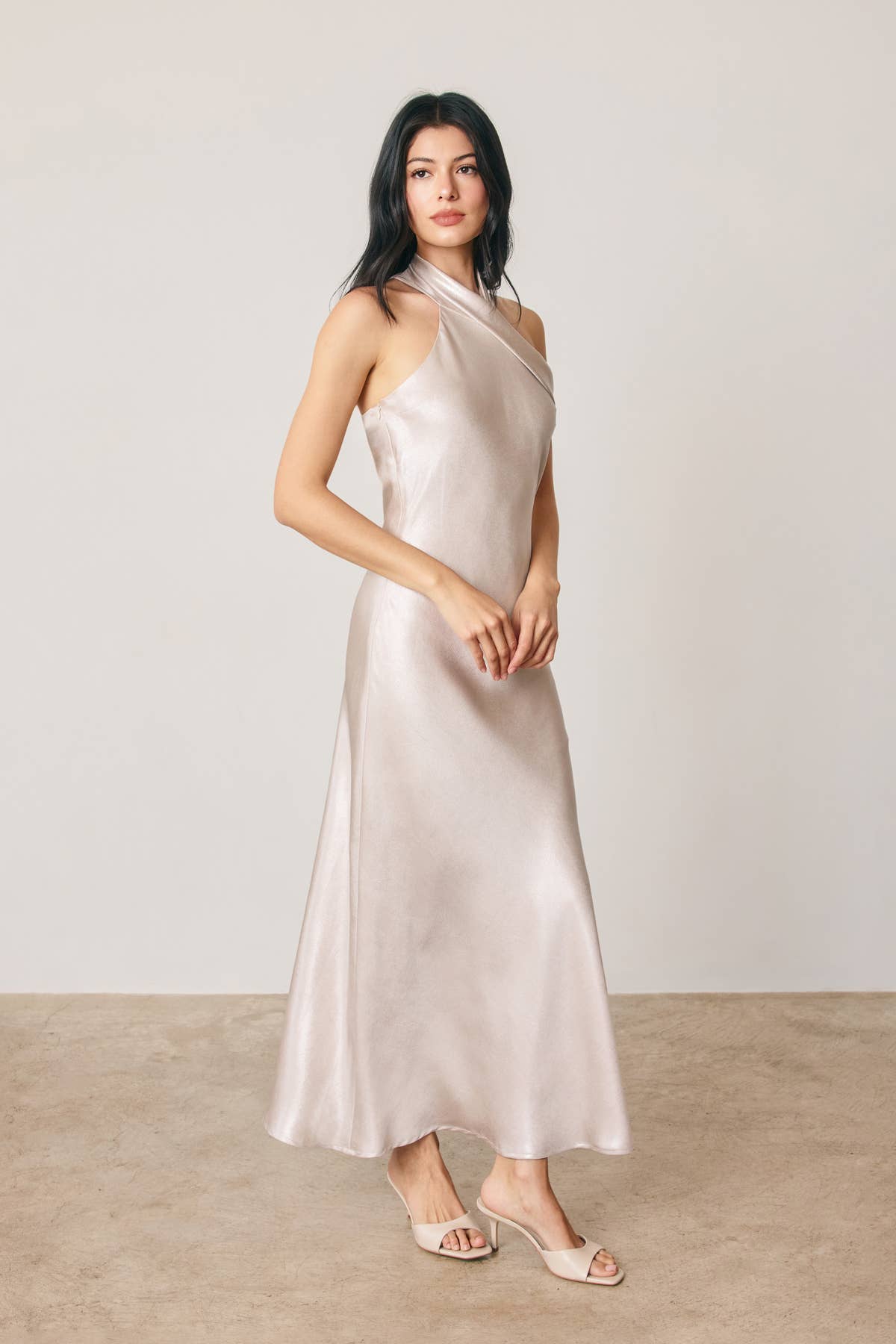 Metallic Foil Halter Neck Midi Dress: