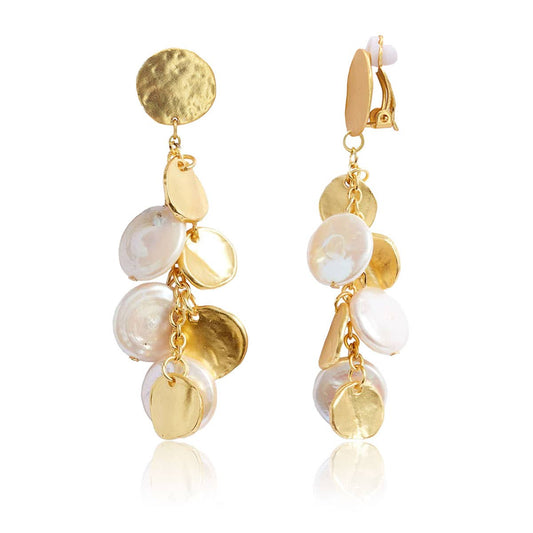 Coin & Pearl Chandelier Drop Clip Earrings - 24K Gold Plated