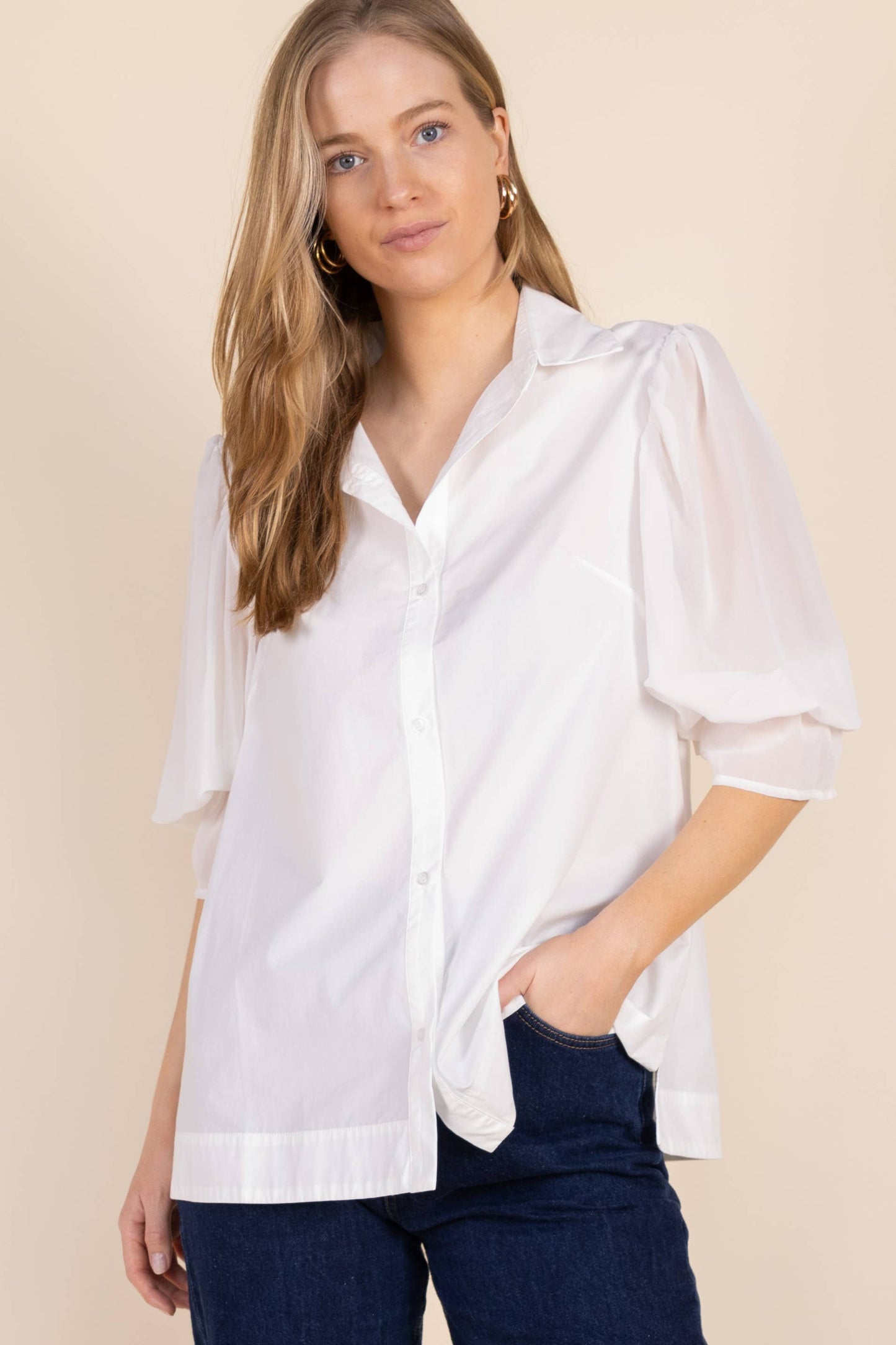 Poplin Button Up Shirt with Chiffon Sleeve