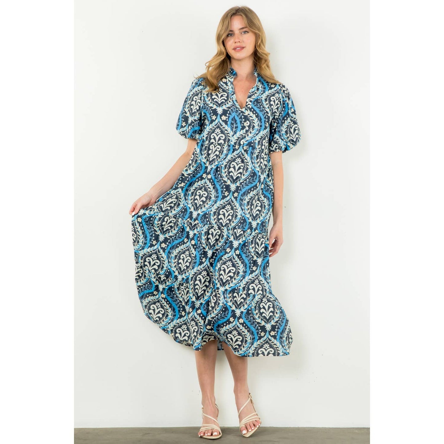 Puff Sleeve Tiered Print Dress