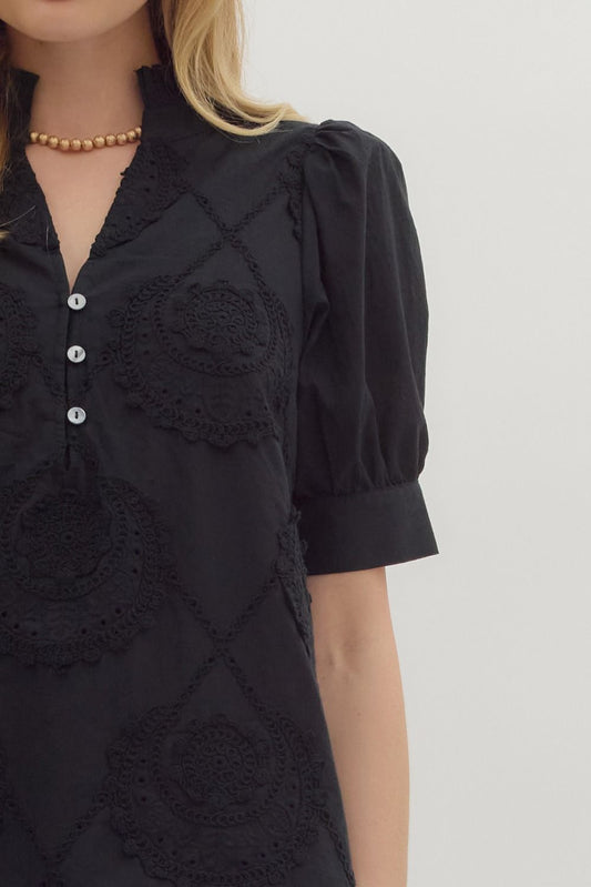 Embroidered Black Short Sleeve Shirt
