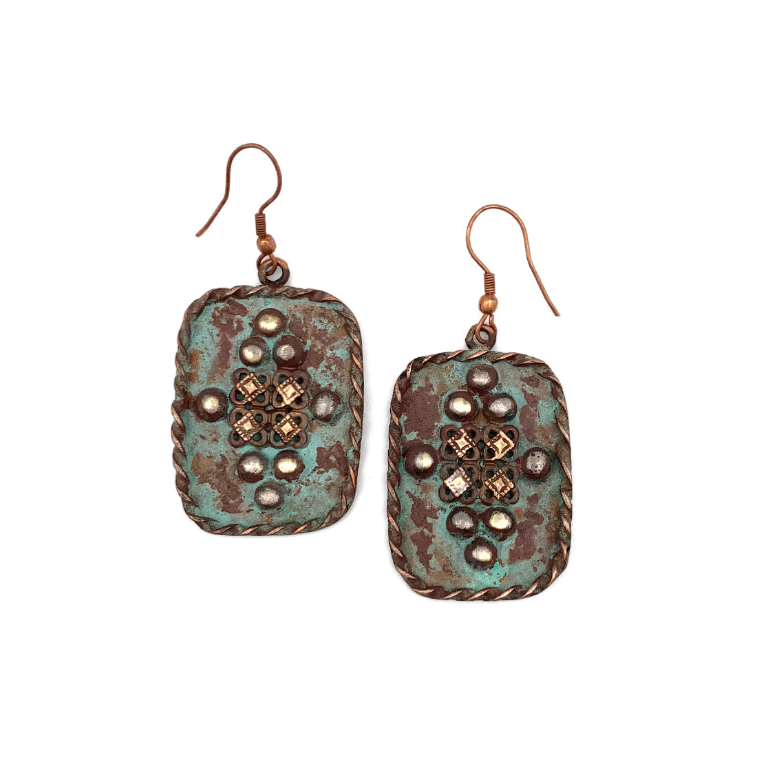 Copper Patina Earrings – Rivets in Turquoise Rectangle