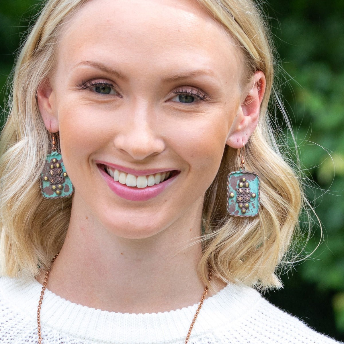 Copper Patina Earrings – Rivets in Turquoise Rectangle