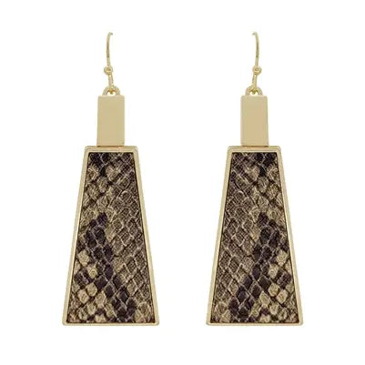 Snake Print Leather and Gold Triangle 2" Earrings