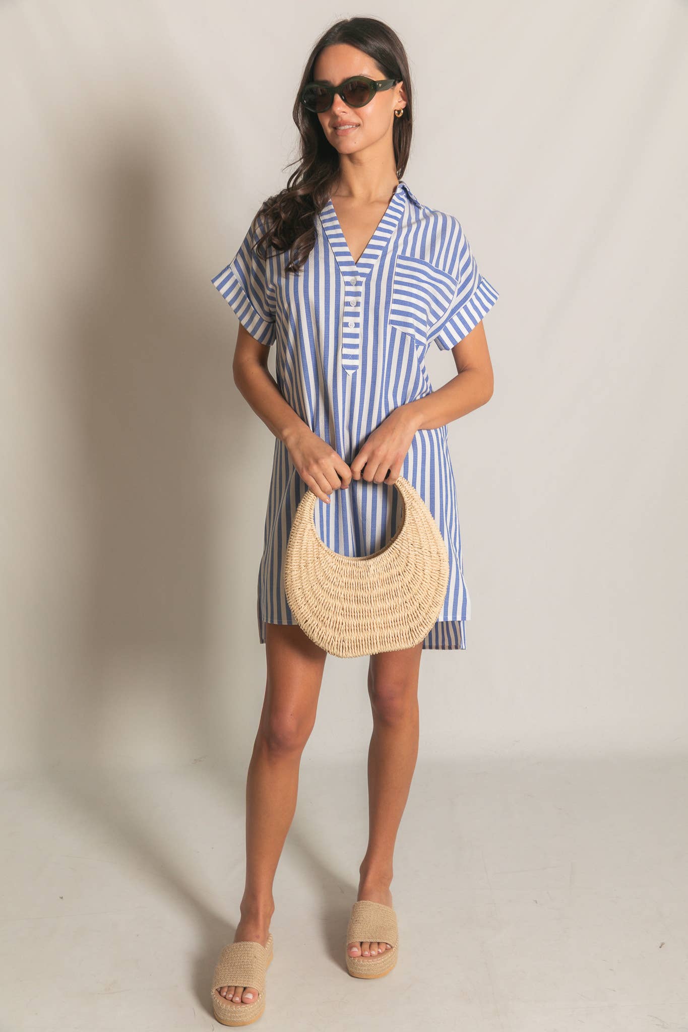 Stripe Short Sleeve Shirt Mini Dress