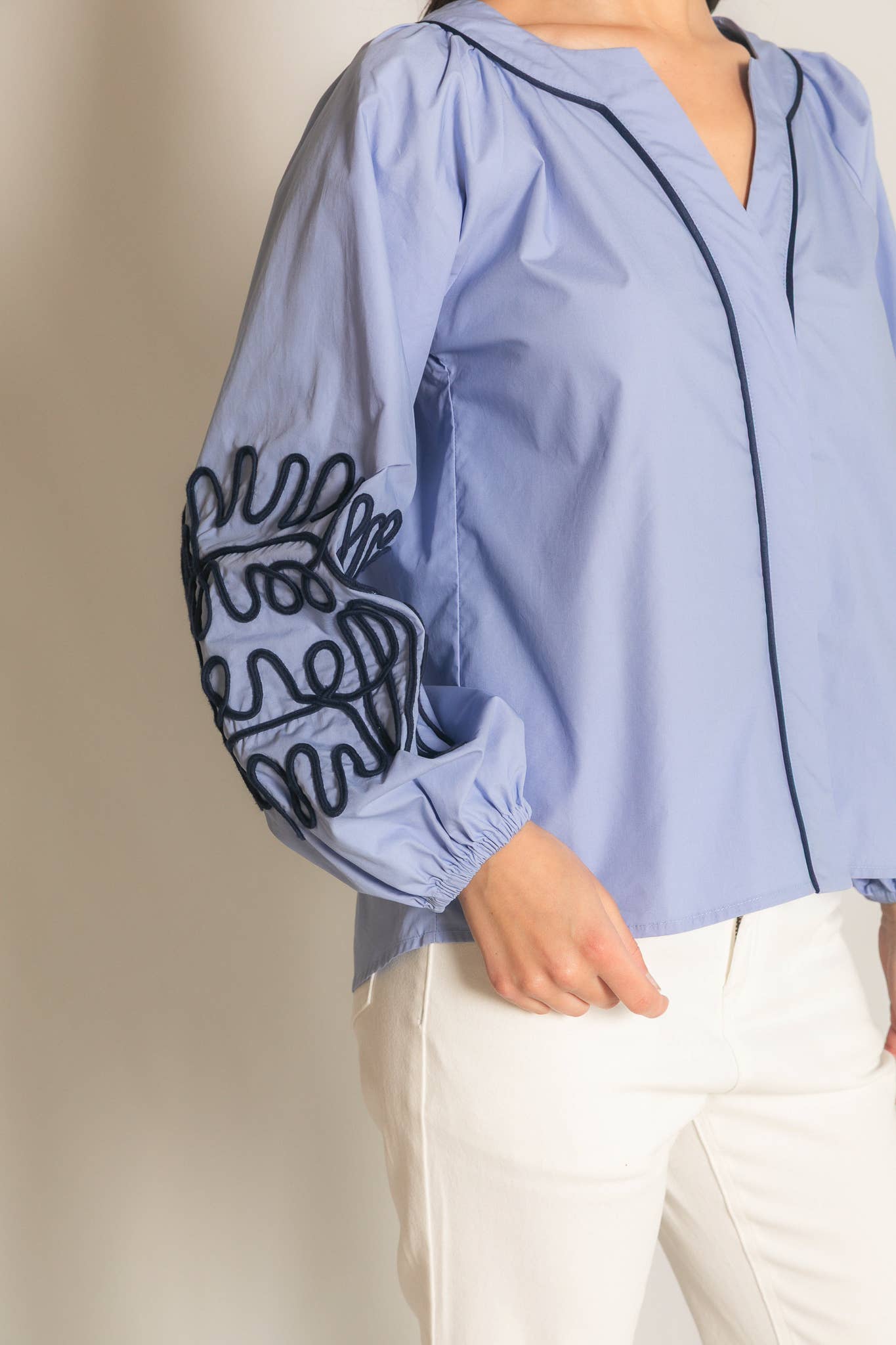 Soutache Embroidered Blouse: Lt. Blue/ Navy / L