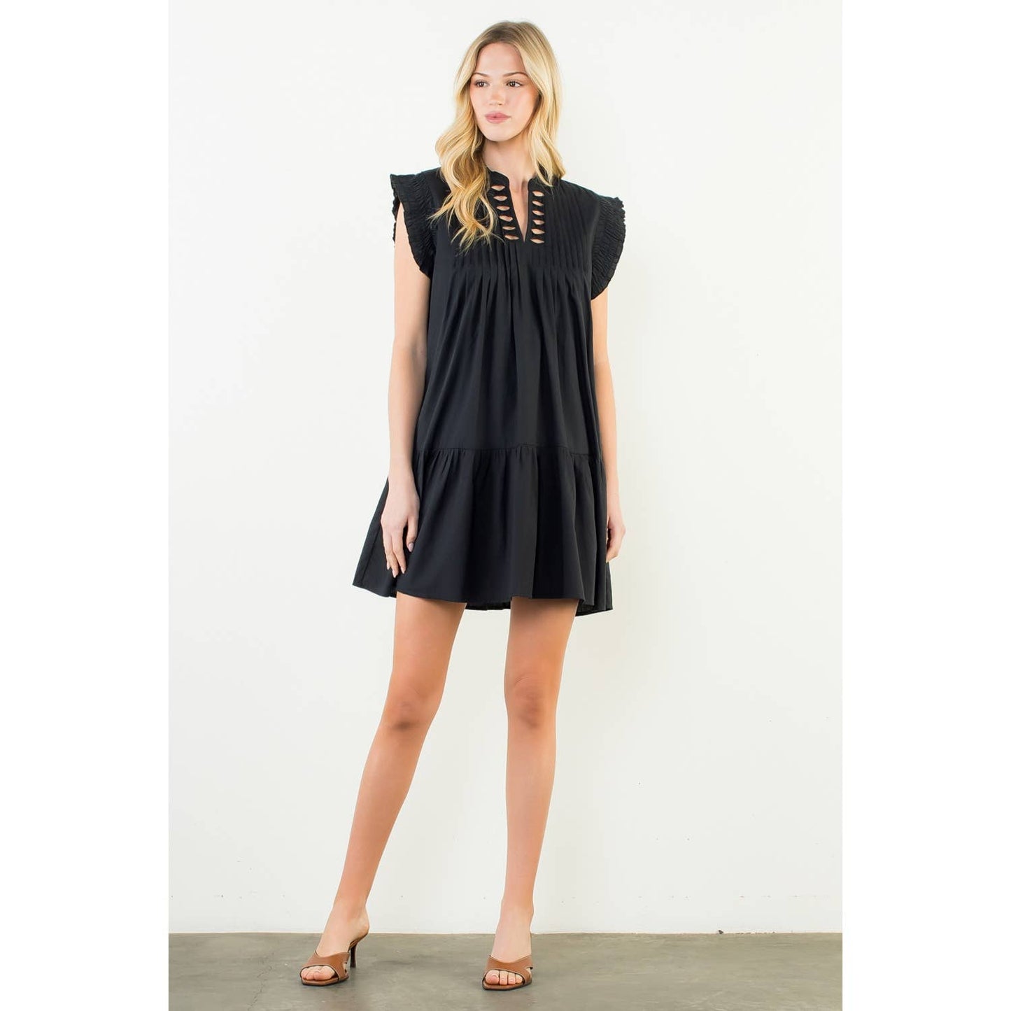Pleated Split Neck Bow Detail Dress
